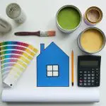 Painting supplies laid out with color swatches, paint cans, brush, calculator, and house graphic illustrating what to know before repainting your home