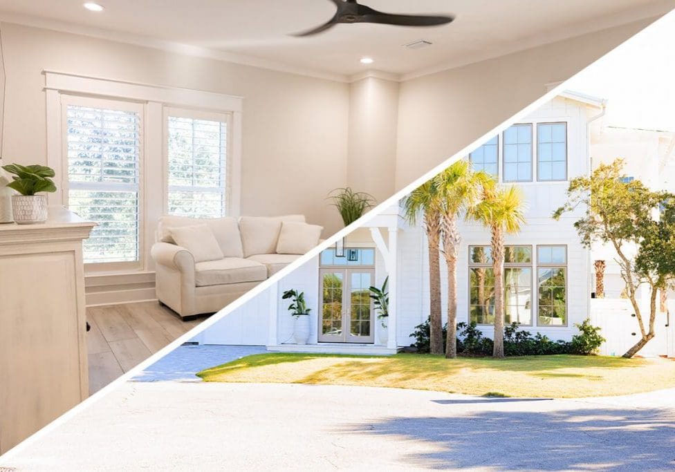 Interior vs exterior painting for homeowners shown through a split image of a freshly painted living room interior and a coastal home exterior with bright, durable finishes.